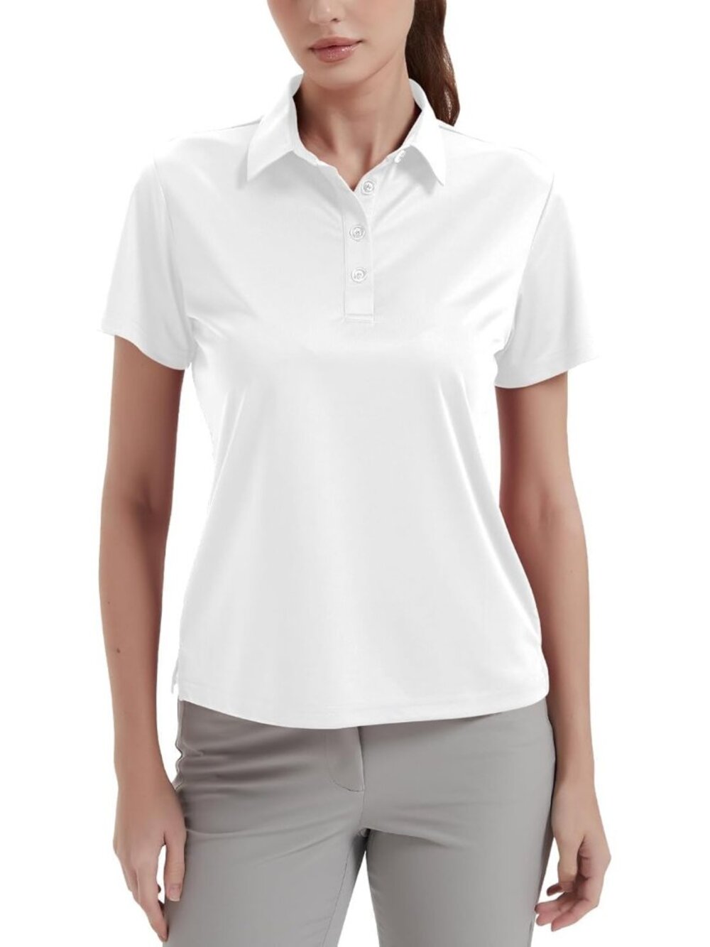Women's White 4 Buttons UPF 50+ Short Sleeve Polo Shirt Collared Quick Dry Tops